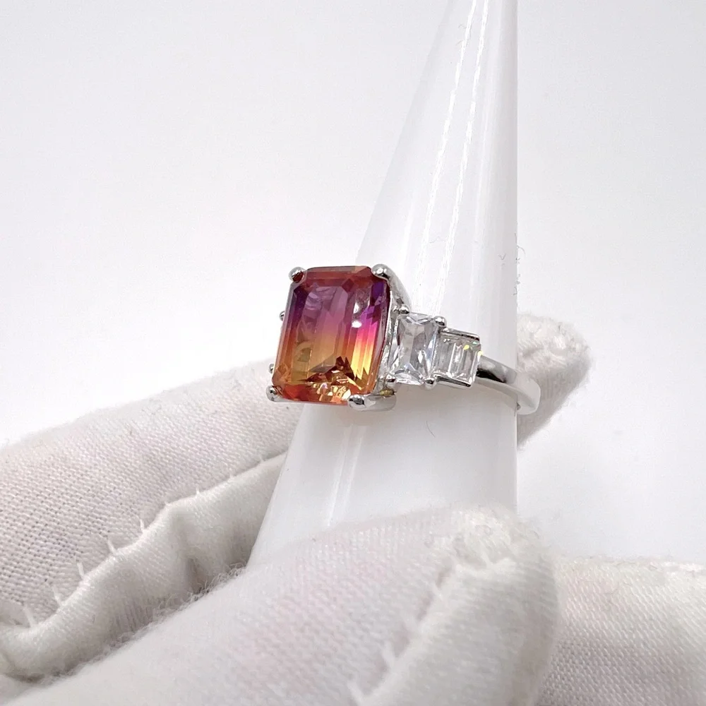 .925 Sterling Silver Padparadscha Sapphire Cz Ring - Picture 7 of 17